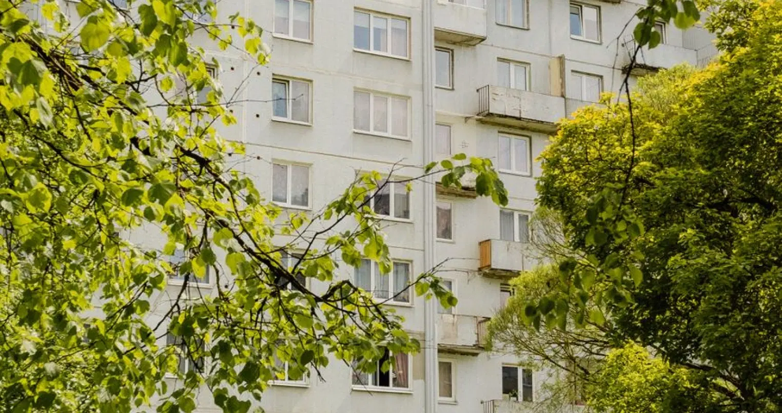 Pohled na bytový dům skrze zelené koruny stromů za slunečného dne