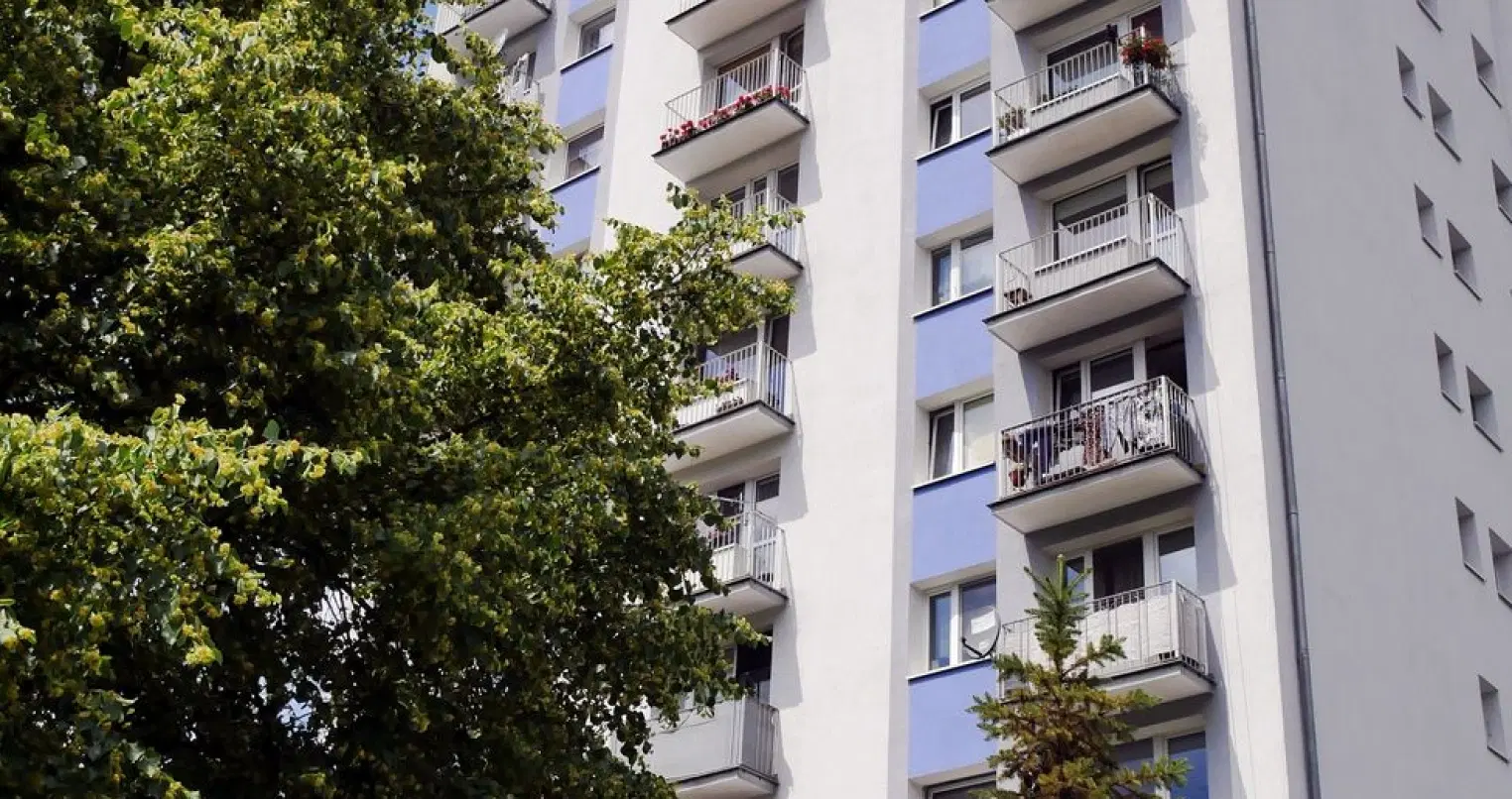 Bytový dům s balkony a fialovými detaily stojící u vzrostlých zelených stromů
